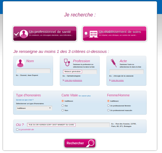 professionnel de santé faites une recherche avec Améli