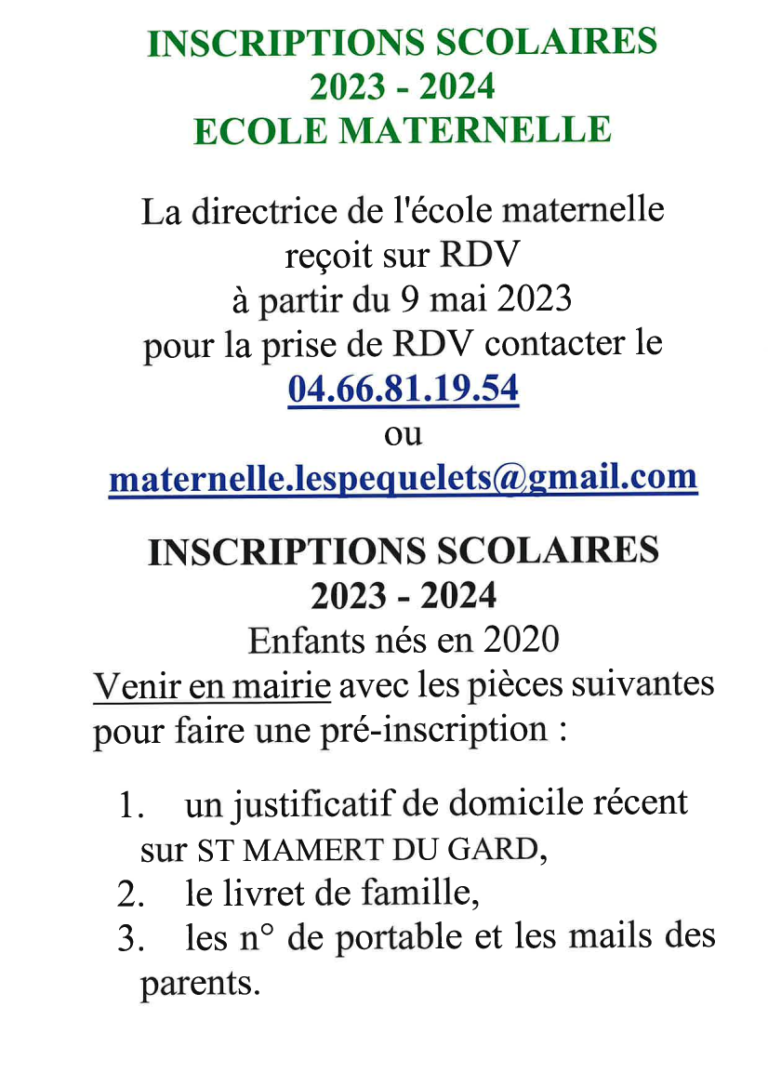 inscriptions scolaires rentrée 2023 2024 école maternelle(1) Inscription scolaire