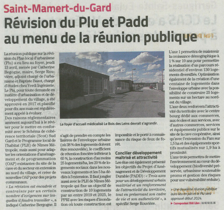 Révision du PLU et PADD lors de la réunion publique à St-Mamert-du-Gard le 13 avril 2023