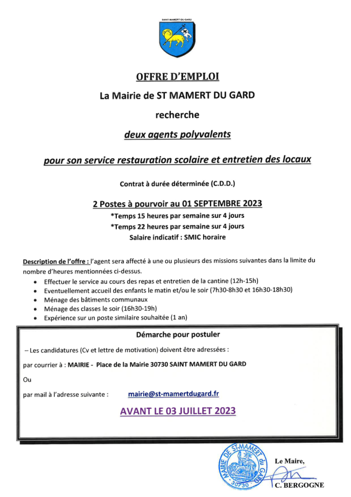 Offre d'emploi poste polyvalents cantine et entretien des locaux