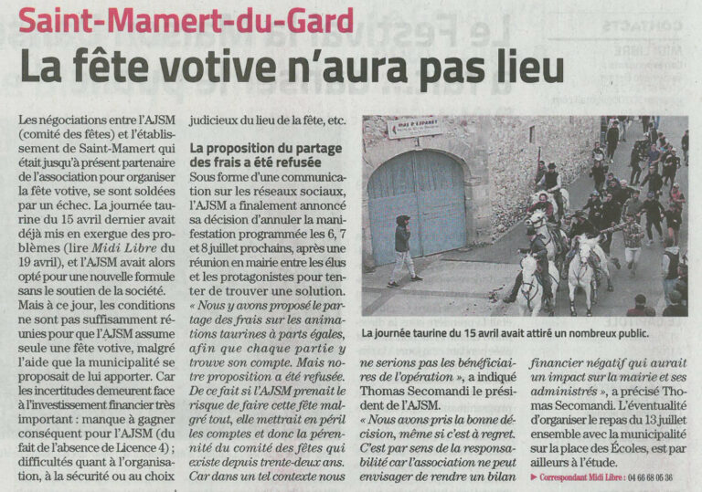 Saint-Mamert-du-Gard : La fête  votive n'aura pas lieu. 9 juin 2023