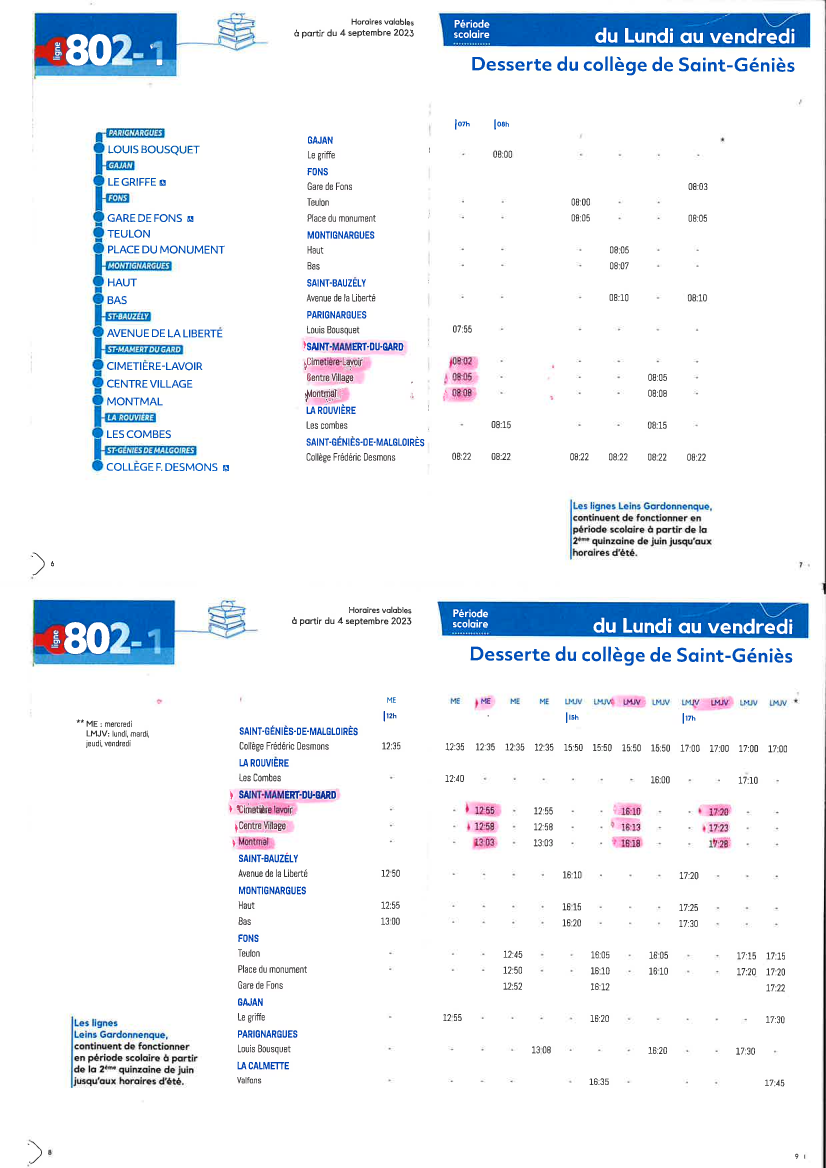 Horaires de bus pour le collège de Saint Geniès de Malgoires valable à partir du 04/09/2023 Horaires de bus pour le collège de Saint Geniès de Malgoires valable à partir du 04/09/2023