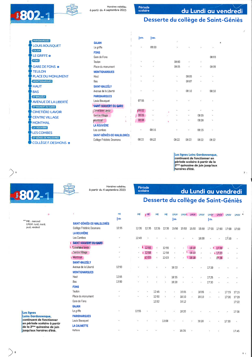 Horaires de bus pour le collège de Saint Geniès de Malgoires valable à partir du 04/09/2023