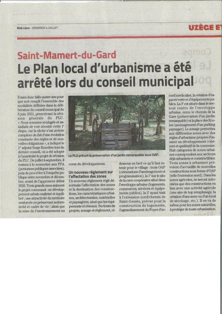 Arrêt du projet du Plan Local d'Urbanisme lors du Conseil Municipal du 26 juin 2025 Saint-Mamert-du-Gard Conseil Début des travaux sur le site de la coopérative.